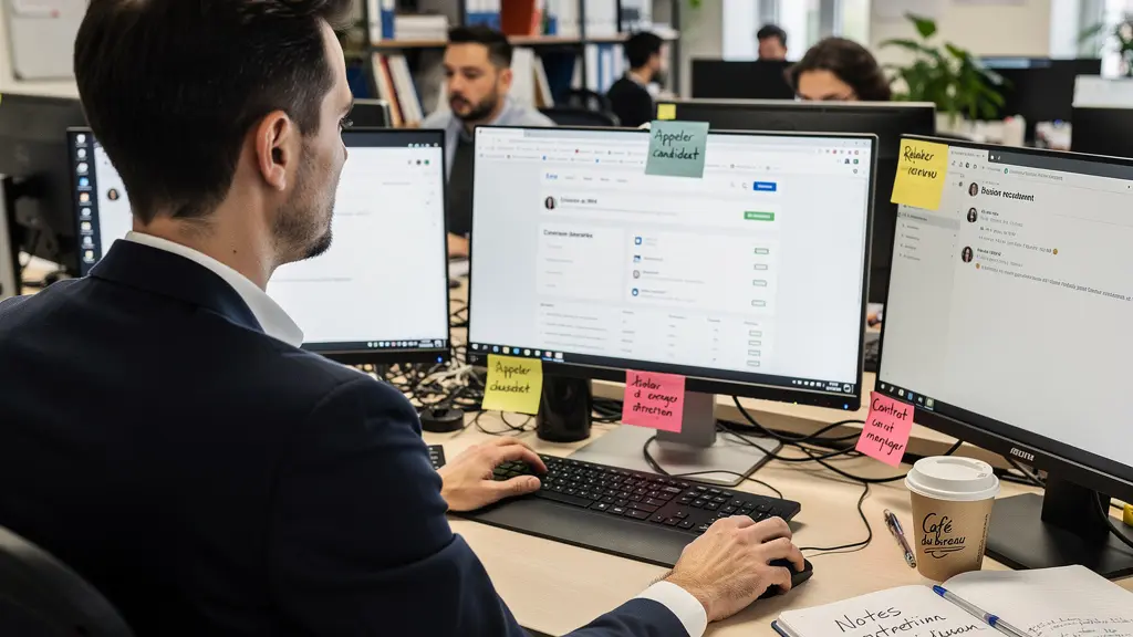 Espace de travail RH avec écrans multiples illustrant la complexité du recrutement sans logiciel centralisé