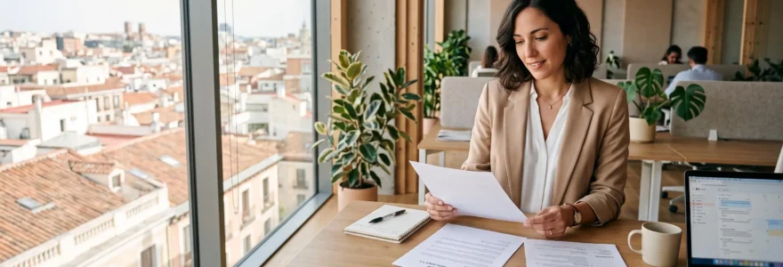 Une chargée de recrutement relit une offre d'emploi imprimée dans un bureau lumineux à Madrid.