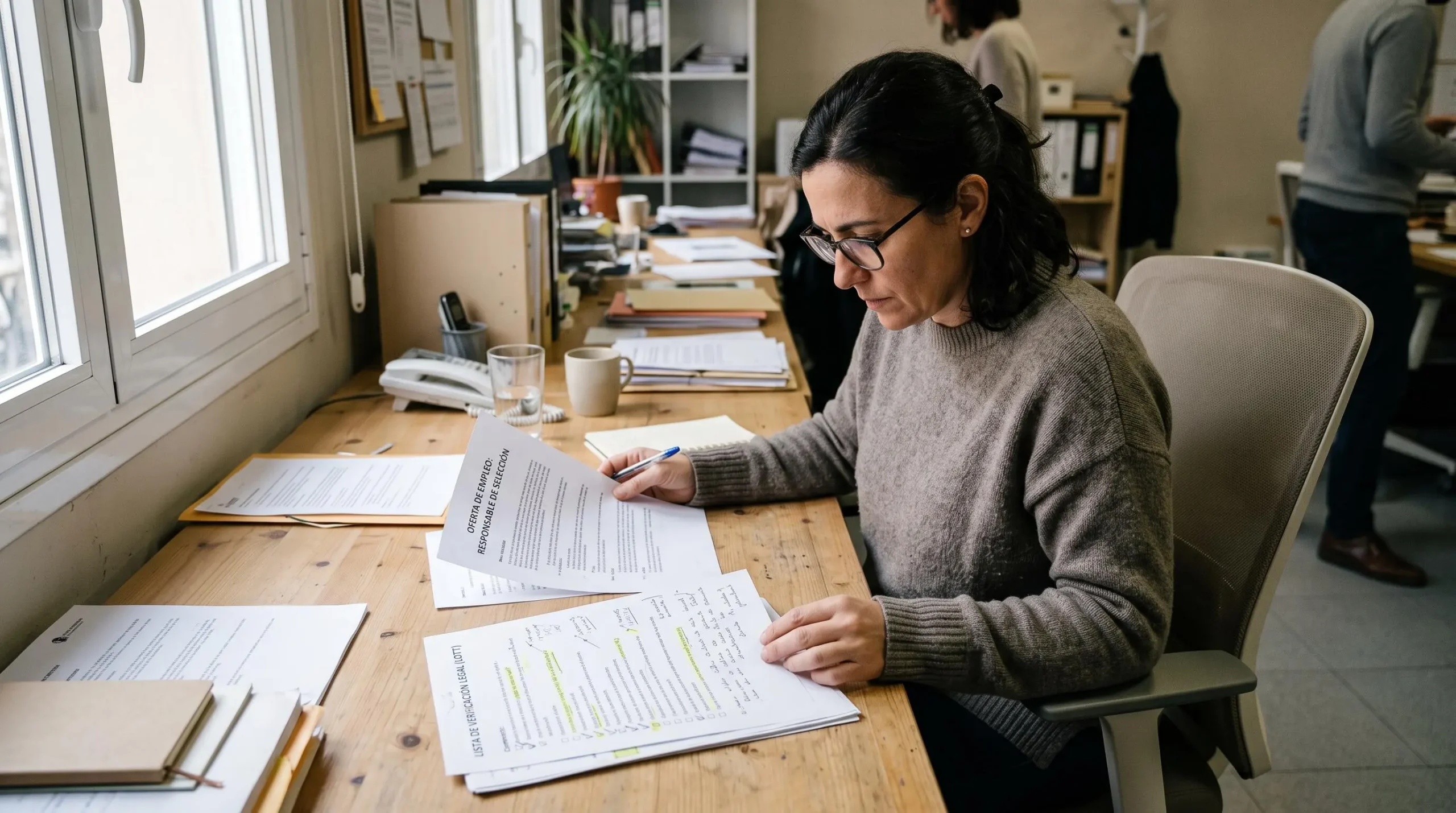 Une responsable RH espagnole vérifie une annonce imprimée à l'aide d'une checklist légale.